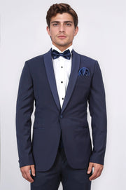 Slim fit şal yaka lacivert yünlü damatlık